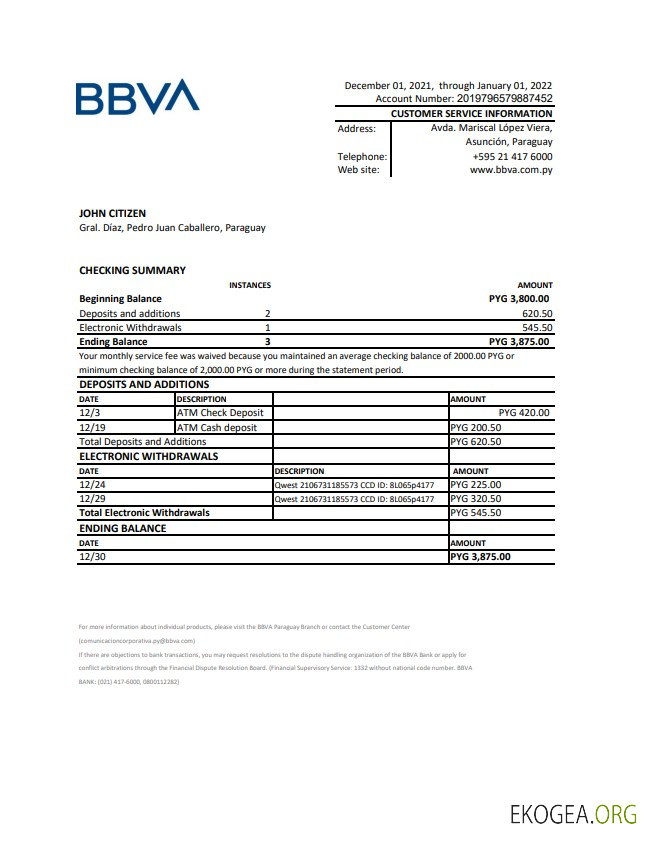 Relevé bancaire Paraguay BBVA xls